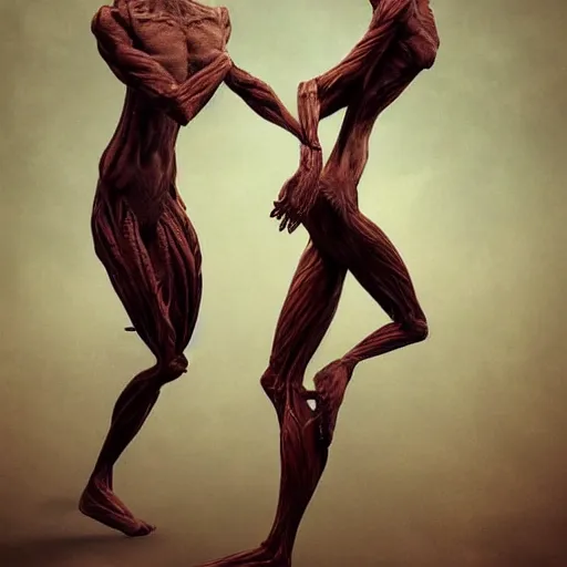 Image similar to Two elegant humanoid creatures leaning against each other, fused at the shoulders, dancing on their pointy limbs. Award-winning digital art, trending on ArtStation