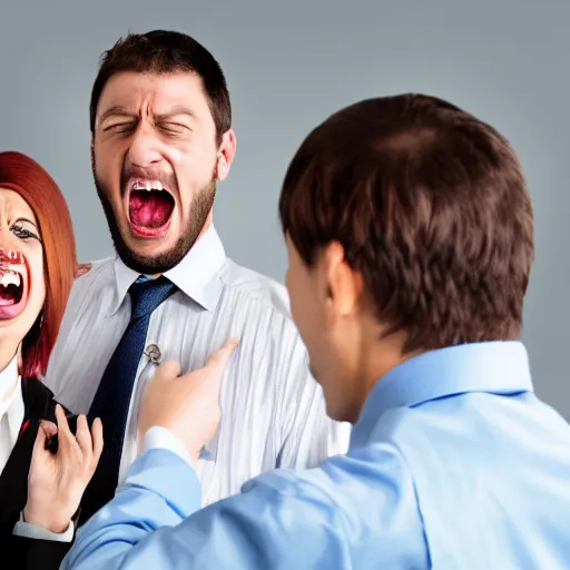 Image similar to cool business people freaking out at work, screaming yelling, throwing things. high resolution color magazine candid photograph.