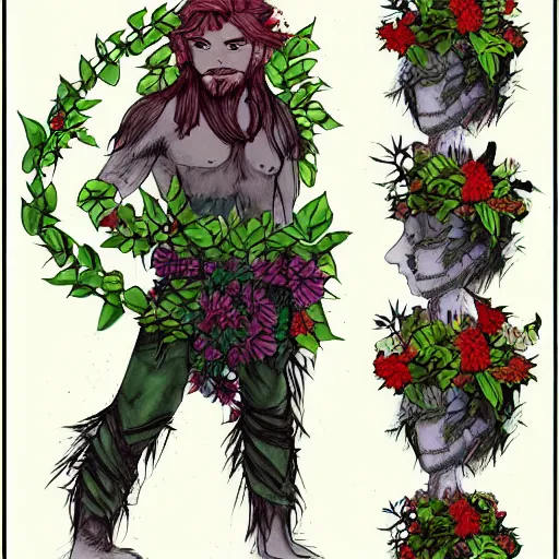 Image similar to male firbolg druid with vines and hibiscus flowers as hair simple drawing, comic style