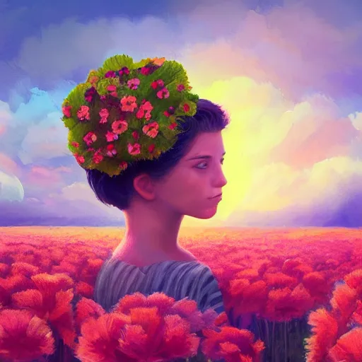 Image similar to giant carnation flower head and face, girl in a flower field, surreal photography, sunrise dramatic light, impressionist painting, colorful clouds, digital painting, artstation, simon stalenhag, flower face