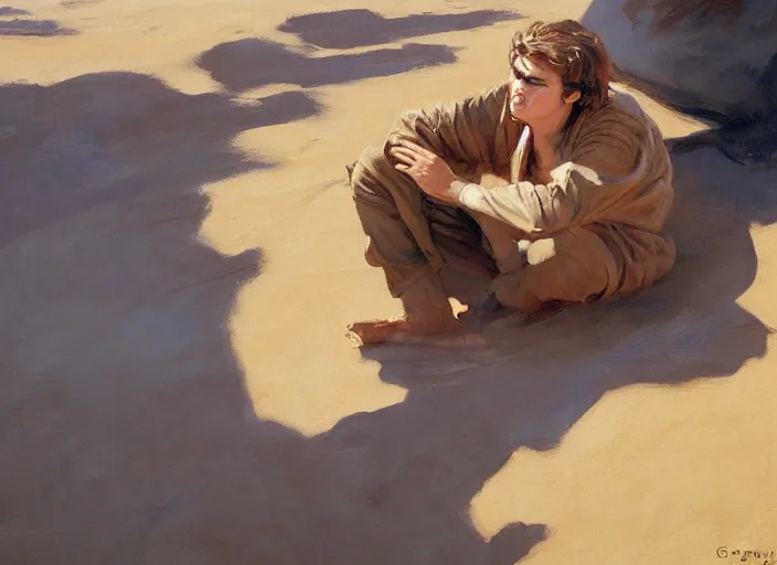 Prompt: a highly detailed beautiful portrait of 2 0 years old anakin skywalker hissing at sand, by gregory manchess, james gurney, james jean