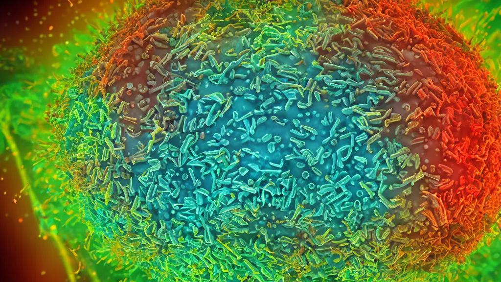 Image similar to beautiful 3 d closeup color photo of deadly virus infecting a cell, seen through an electron microscope, detailed, high contrast, scientific illustration, 8 k, octane render