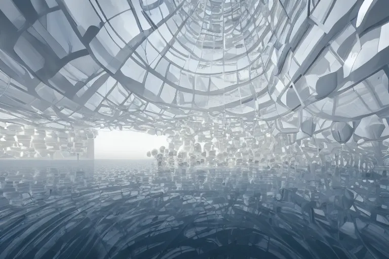 Image similar to a building interior formed by the intersection and fusion of many multi white spherical egg shaped spaces, on the calm lake surface, people's perspective award winning, highly detailed 4 k art, dusk, unreal engine highly rendered, global illumination, radial light, internal environment by kazuyo sejima