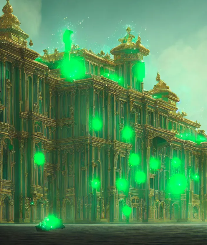 Prompt: a detailed digital painting of a palace made of gleaming emeralds, trending on artstation, digital art, 4 k resolution, detailed, beautiful render, octane render, high quality, sharp focus, hq artwork, coherent, insane detail, concept art