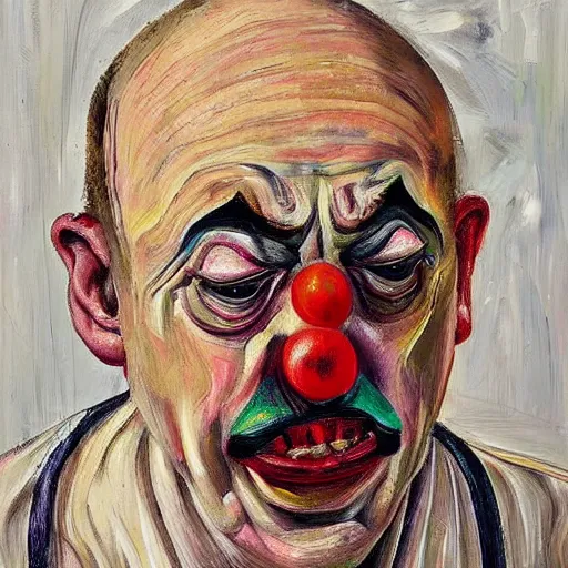 Image similar to a sweaty bald worried brow clown face in the style of lucien freud, painting, auction