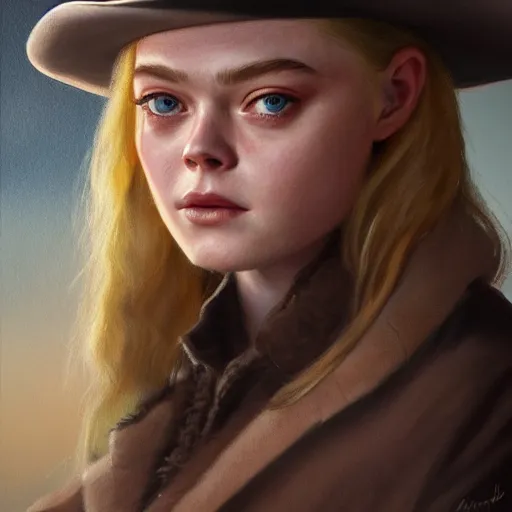 Image similar to ultra realistic portrait painting of elle fanning as a western outlaw, art by erick arciniega, 4 k, ultra realistic, highly detailed, epic lighting