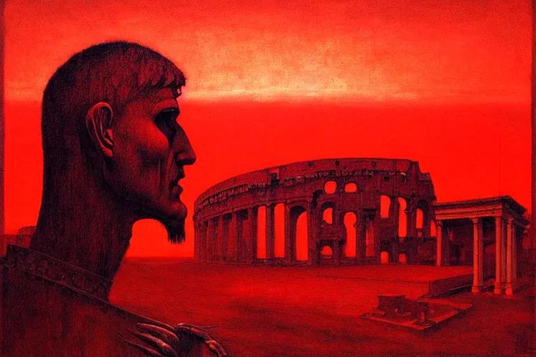 Image similar to only with red, caesar after war, a red tiger, in hoc signo vinces, rome in background, an ancient path, in the style of beksinski, part by hopper, part by rodcenko, part by hofbauer, intricate composition, red by caravaggio, insanely quality, highly detailed, masterpiece, red light, artstation