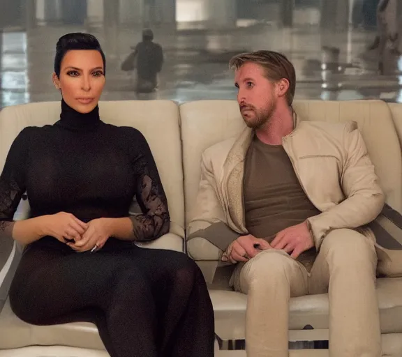 Image similar to a movie still of kim kardashian sitting with ryan gosling in the movie blade runner 2 0 4 9