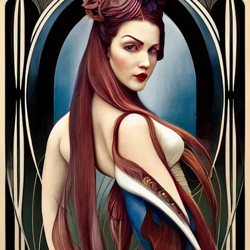 Image similar to an art nouveau, ( streamline moderne ), multi - racial portrait in the style of anna dittmann and donato giancola and chanthara. very large, clear, expressive, and intelligent eyes. centered, ultrasharp focus, dramatic lighting, photorealistic digital matte painting, intricate symmetrical ultra detailed background.