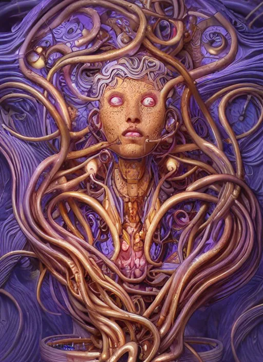 Image similar to biomechanical medusa, art nouveau swirls, strong subsurface scattering, cables, tubes, subsurface scattering, colored wax material, in the style of james jean and tomasz alen kopera and beeple, mystical colors, rim light, soft lighting, 8 k, stunning scene, raytracing, octane render, trending on artstation