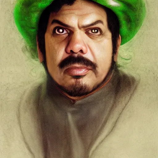 Image similar to hyper realistic, realistic - anime, portrait, beautifully rendered, luis guzman as luigi wearing green, smirking deviously, luigi, luigi's nose, painted by jan van eyck, albrecht durer, gustave courbet, greg rutkowski, wlop, artgerm, dishonored 2,