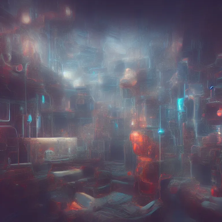 Prompt: the nexus of a vast modern computing center and a mad alchemist\'s lab with exposed circuit boards, nixie tubes and tesla coils. immaculate octane redshift concept art render by Zdzisław Beksiński and beeple, beautiful modern colors, ultradetailed, 4k ultra
