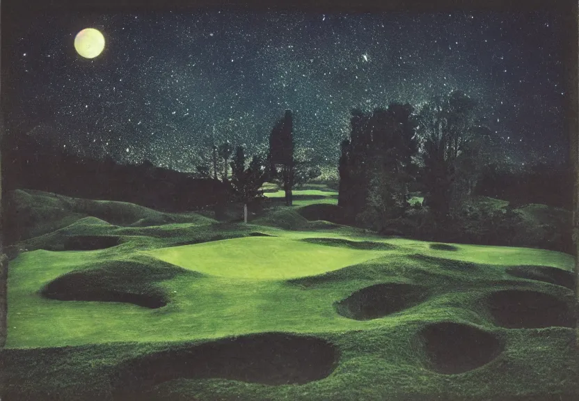 Prompt: eerie peaceful moonlight, a maze of low stone walls, birds eye view of a perfect elysian dreamlike green hilly pastoral astral psychedelic golf course landscape with stone walls under cosmic stars, cherished trees, memory trapped in eternal time, golden hour, dark sky, evening starlight, haunted vintage psychedelic painted polaroid by hiroshi yoshida