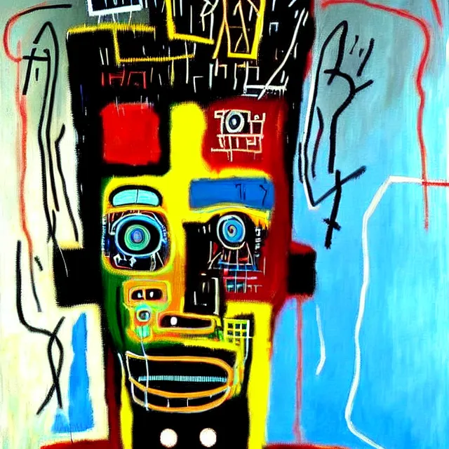 Image similar to a beautiful painting cyberpunk robot jean michel basquiat face, by salvador dali realistic oil painting