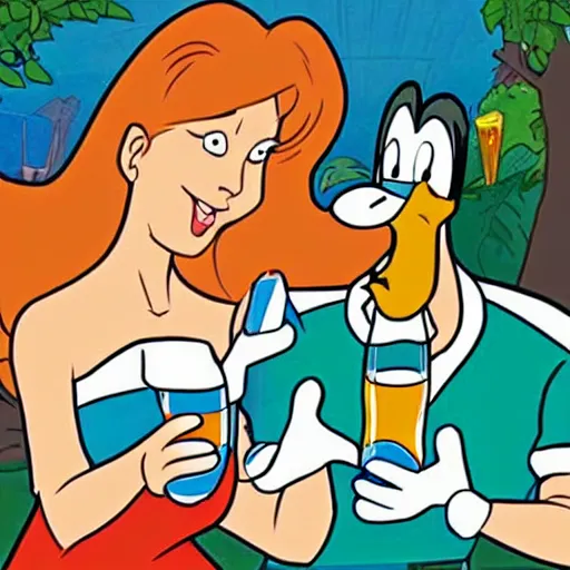 Prompt: a cartoon female rabbit and comics male duck drinking beer together in disney style