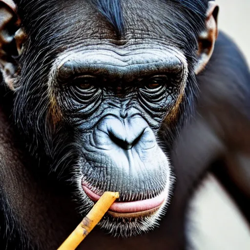 Image similar to a high detail shot of a chimp wearing a suit and smoking