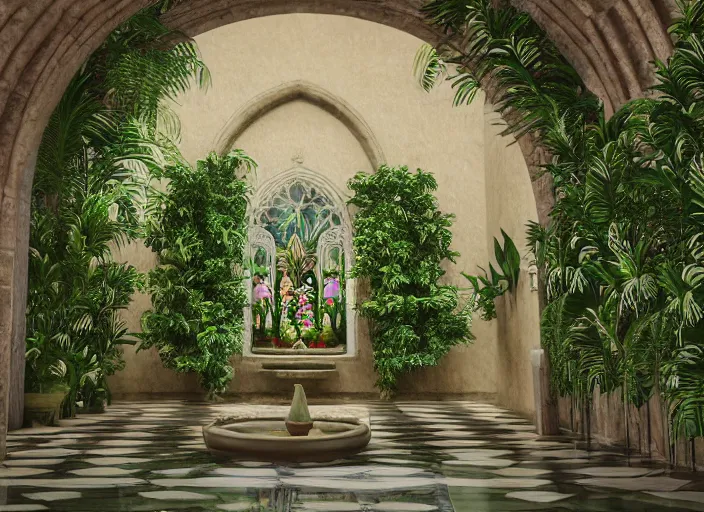 Image similar to cathedral interior with koi pond in the middle surrounded by palm trees, ivy, flowers, tropical plants, roses, and with archways. rendered in octane render with photorealistic lighting