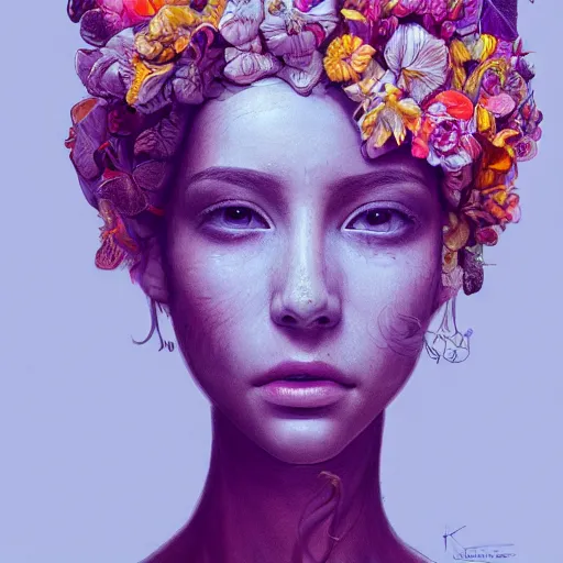 Image similar to the portrait of an absurdly beautiful, graceful, elegant young woman made of bananas and petals, an ultrafine detailed illustration by kim jung gi, irakli nadar, intricate linework, bright colors, final fantasy, angular, unreal engine 5 highly rendered, global illumination, radiant light, detailed and intricate environment