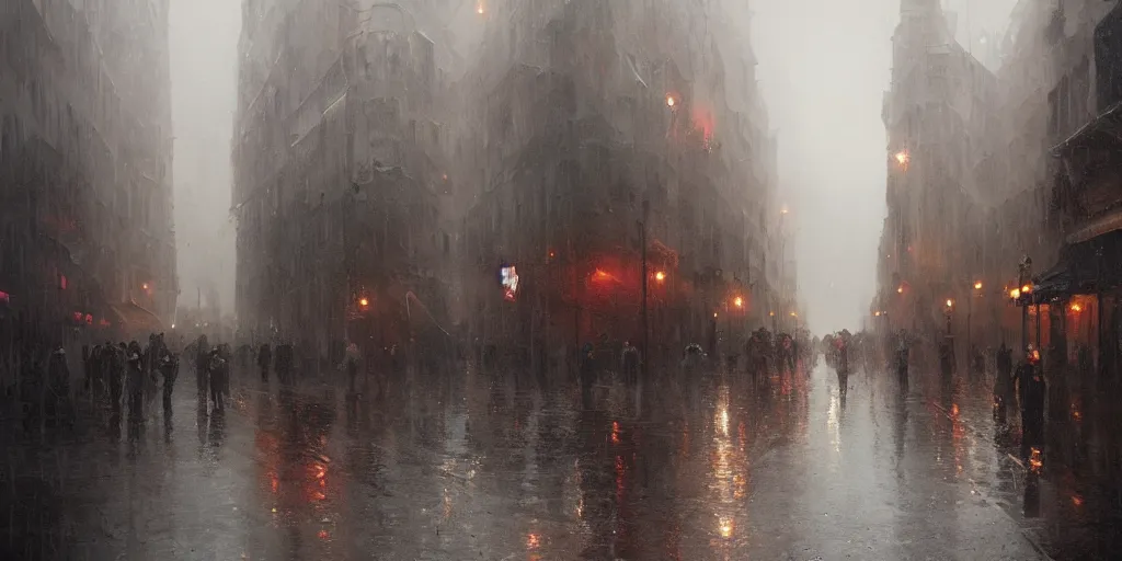 Image similar to an oil painting of a downpour in the middle of the street of a medieval city, moody lighting, fog, dark fantasy, by greg rutkowski, trending on artstation