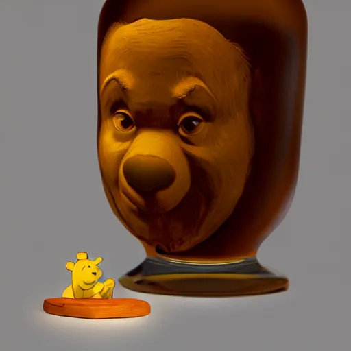 Prompt: a jar of honey made out of winnie the pooh's head, claymation, deep lighting