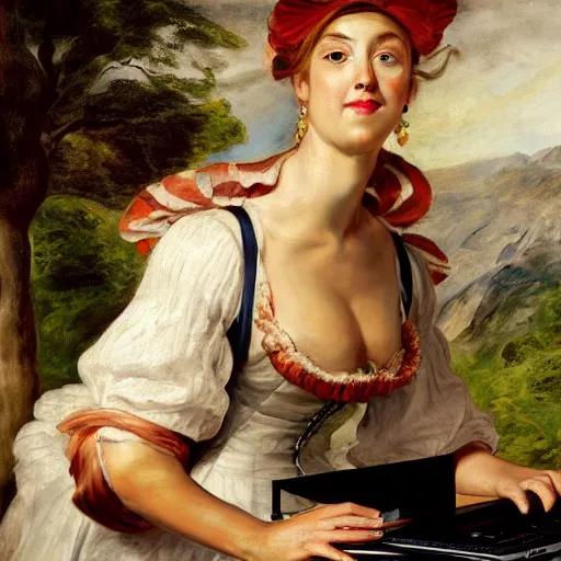 Image similar to heavenly summer sharp land sphere scallop well dressed lady working on her laptop auslese, by peter paul rubens and eugene delacroix and karol bak, hyperrealism, digital illustration, fauvist, looking at her imac laptop