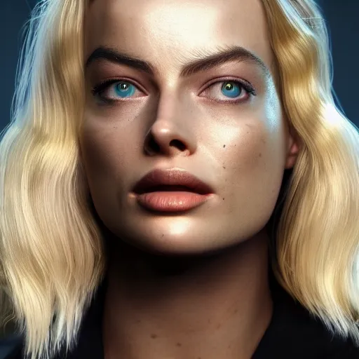 Image similar to shiny chrome skin Margot Robbie, photography, octane render