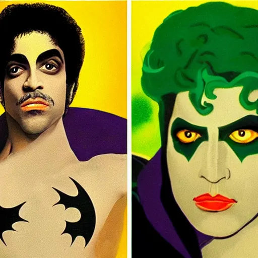 Image similar to a portrait of prince as gemini in a batman film. half his face is white with green hair. in the style of herbert bayer