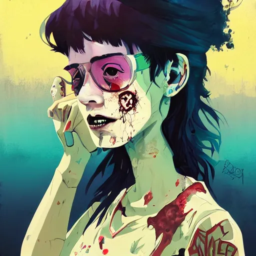 Image similar to Highly detailed portrait of a ((punk)) zombie young lady by Atey Ghailan, by Loish, by Bryan Lee O'Malley, by Cliff Chiang, mystical Yellow, brown, black and cyan color scheme ((dark blue moody background))