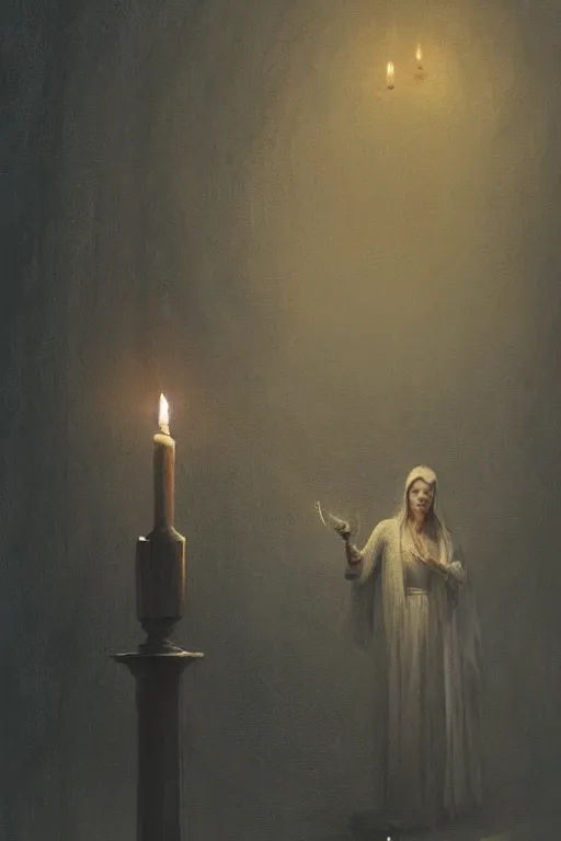 Image similar to Spirit holding a candle in the middle of the room, horror, illustrated by Greg Rutkowski and Caspar David Friedrich., Trending on artstation, artstationHD, artstationHQ, 4k, 8k