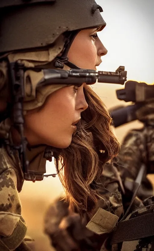 Image similar to highly detailed, high resolution, war footage, stunning, real world, real sunset, in the middle of the battlefield, a girls half nathalie portman half jessica alba, frontline style, bokeh soft, 100mm, trending on instagram, by professional photographer, featuring picciolina airsoftgirl, realistic human anatomy, realistic military carrier, soldier clothing, modern warfare, realistic handgun