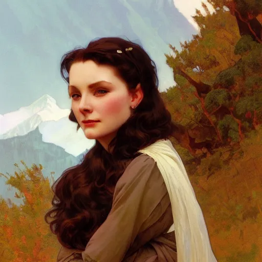 Prompt: a beautiful closeup portrait of a young vivian leigh, mountain background, serene colors, dramatic light, gorgeous view, depth, high detail, digital art, painted by alphonse mucha and greg rutkowski, trending on artstation