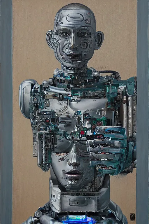 Image similar to robot monk painting a self - portrait on a canvas. intricate, highly detailed, photorealistic, film still, by christopher doyle.