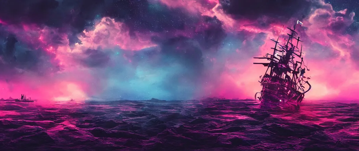 Image similar to space, hyperdetailed illustration, portrait big dark dog, neon ship, mohawk, stars, pink, neon, oil painting, rich deep colors masterpiece, pirate neon ship, ultra detailed, contrast, heaven pink, clouds, volumetric light, atmospheric lighting, dramatic, cinematic, moody, octane render 4 k, 8 k