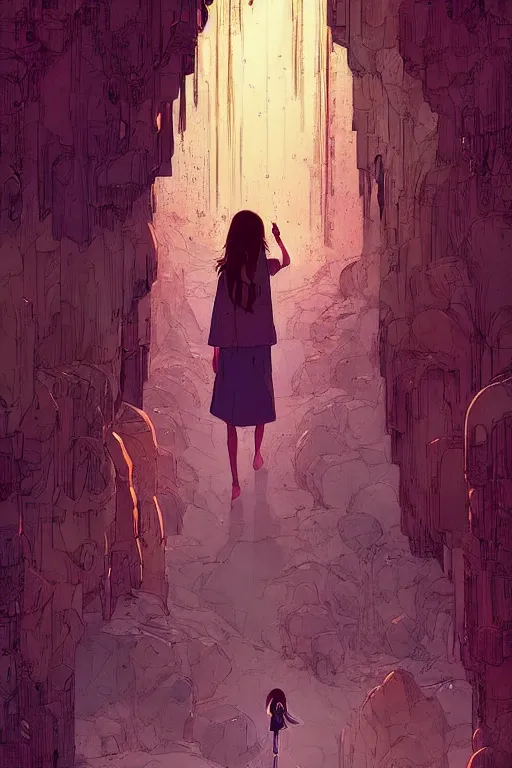 Prompt: a girl walking to a giant wooden door with archaic symbols embedded onto it in a cave with waterfall, digital art, illustrated by pascal campion and moebius and victo ngai, colorful comics style