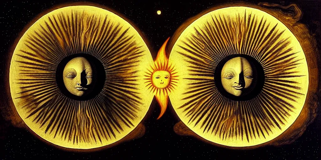 Image similar to a giant sun sings a unique canto about'as above so below'to the the moon, while being ignited by the spirit of haeckel and robert fludd, breakthrough is iminent, glory be to the magic within, in honor of saturn, painted by ronny khalil