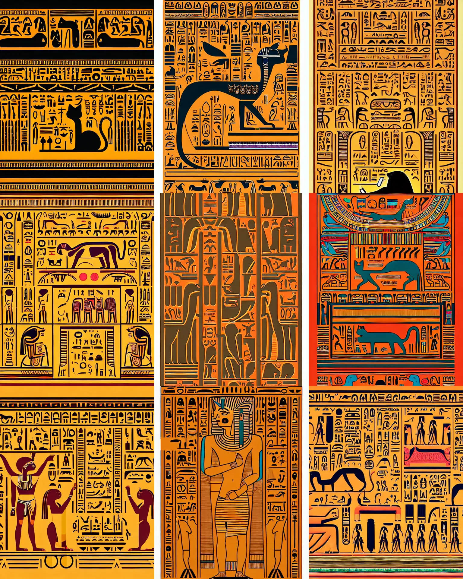 Prompt: a vector based illustration of cat hieroglyphic carvings on a egyptian tomb wall, hyperealism, by sachin teng and loish, vibrant, vector art, award winning, stunning, trending on art station, highly detailed, cinematic lighting, 8 k, hd