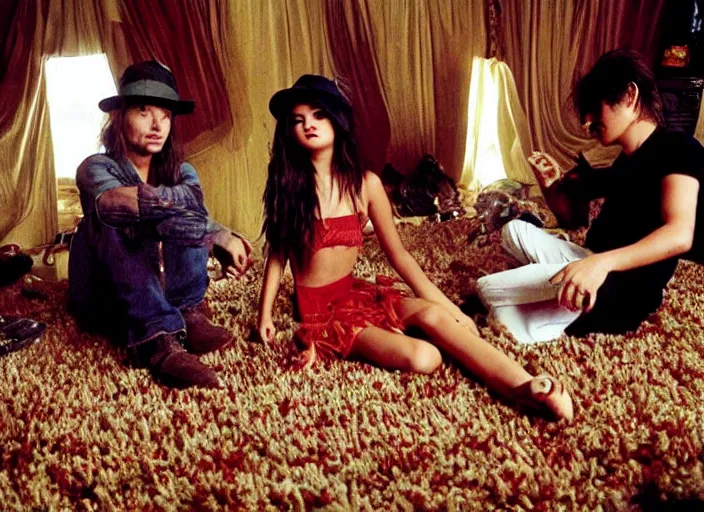 Image similar to Selena Gomez and Young Johnny Depp eating mushrooms and tripping in a shag carpet house, photograph by Annie Leibovitz