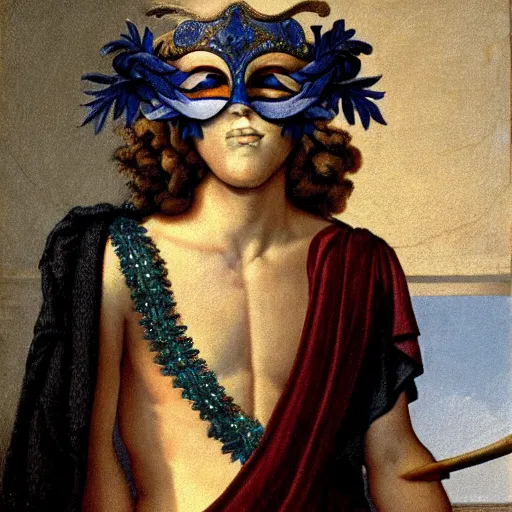 Prompt: antinous wearing venetian masquerade mask, symmetry, reflecting flower