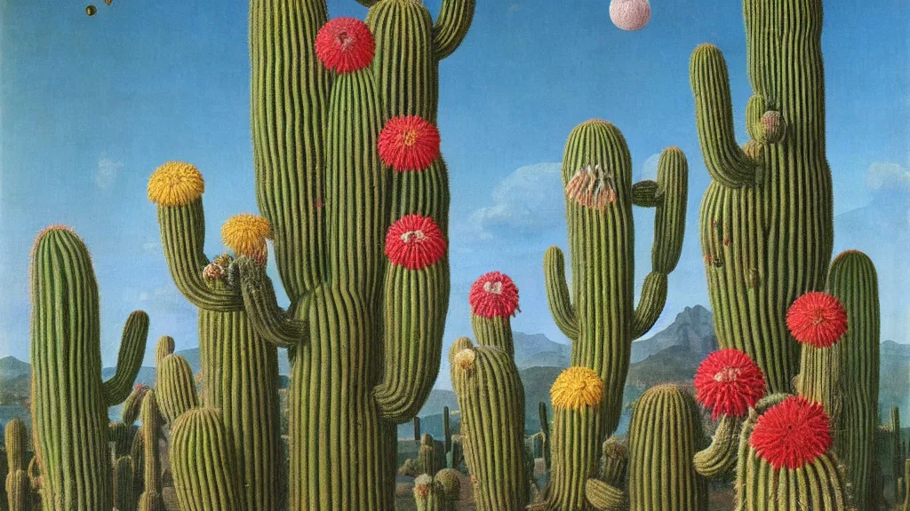 Prompt: cacti surrounded by a single colorful! ( lovecraftian ) humanoid fungus tower white! clear empty sky, a high contrast!! ultradetailed photorealistic painting by jan van eyck, audubon, rene magritte, agnes pelton, max ernst, walton ford, andreas achenbach, ernst haeckel, hard lighting, masterpiece