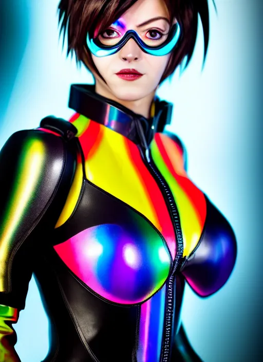 Prompt: hyperrealistic style portrait of tracer overwatch, confident pose, wearing black iridescent rainbow latex, rainbow, neon, 4 k, expressive happy smug expression, makeup, in style of mark arian, wearing detailed black leather collar, wearing sleek armor, black leather harness, expressive detailed face and eyes,