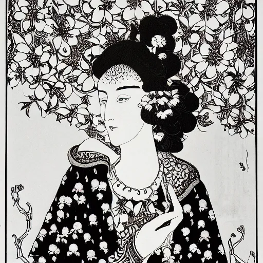 Prompt: highly detailed, sharp focus 4k, highly detailed, sharp focus lithography by Aubrey Beardsley, Portrait of a beautiful woman with flowers in her hair ,