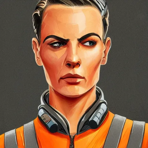 Image similar to character concept art of heroic stoic emotionless butch blond handsome woman engineer with very short slicked - back butch hair, narrow eyes, wearing atompunk jumpsuit, orange safety vest, retrofuture, highly detailed, science fiction, illustration, oil painting, pulp sci fi