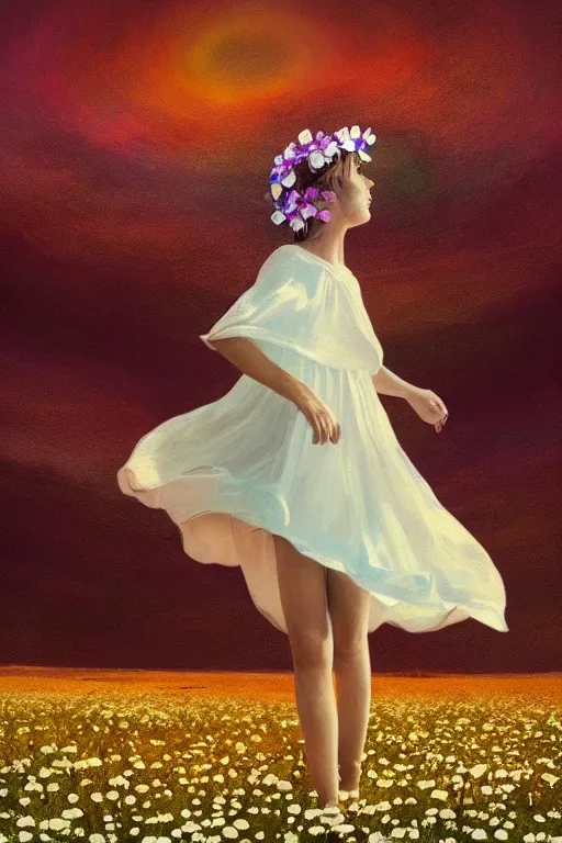 Image similar to giant white daisy flower on head, girl dancing in a flower field, surreal photography, sunrise, dramatic light, impressionist painting, colorful clouds, digital painting, artstation, simon stalenhag