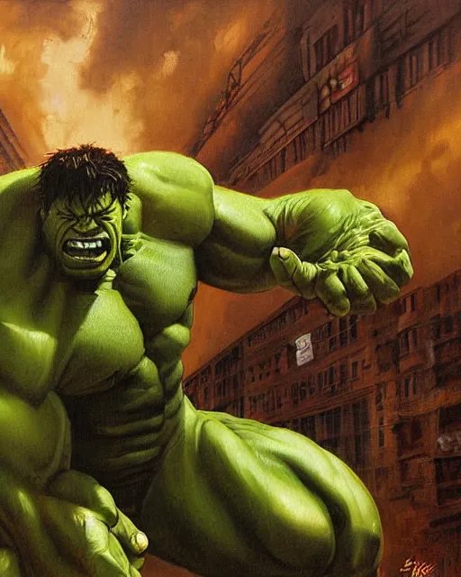 Prompt: a moody oil painting of the incredible hulk looking angry at noon in a city by simone bianchi