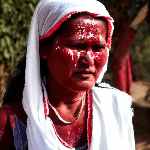 Image similar to a nepali woman wearing a white shawl covered in blood, realistic