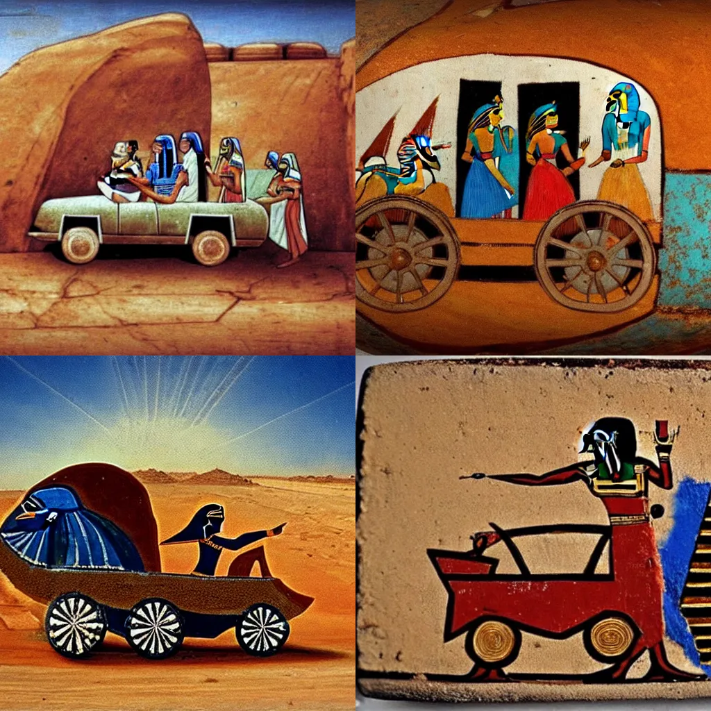 Prompt: egyptian rides in a car behind the wheel, rock painting, fresco