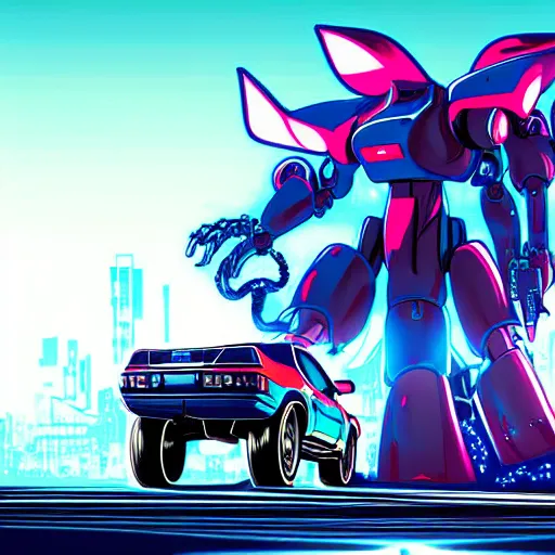Image similar to detailed wide shot photograph of an anime style mecha robot dinosaur and a nissan skyline r34 cyberpunk, neon