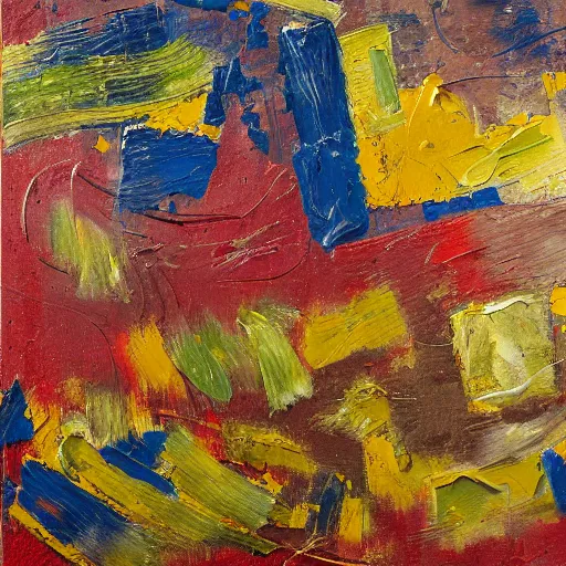 Prompt: oil paint impasto relief, abstract by mondrian, multi layered thick brush marks, some splattered paint, in the style of ivan shishkin and frank auerbach and van gogh