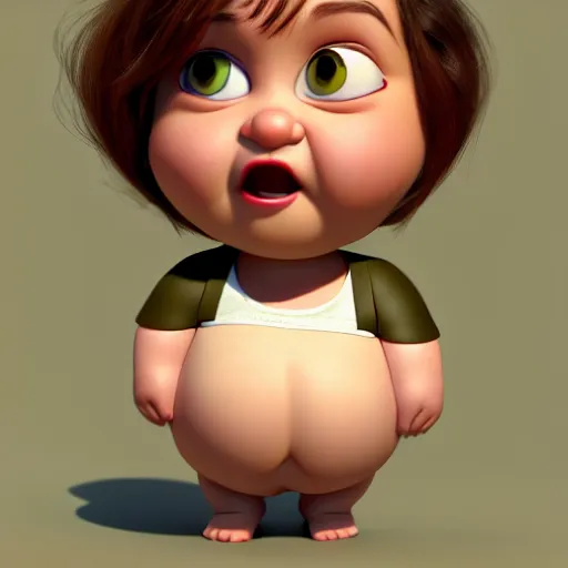 Image similar to A portrait of a chubby woman, a cute 3d cgi toon woman with brown hair in a Bob, brown eyes, olive skin, romanian heritage, medium shot, mid-shot, hyperdetailed, 8k, trending on artstation, as a Pixar character