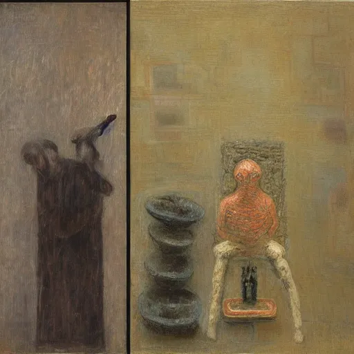 Prompt: a detailed, impasto painting by shaun tan and louise bourgeois of an abstract forgotten sculpture by ivan seal and the caretaker, 1 8 9 0
